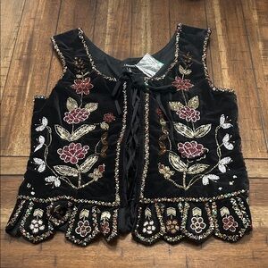 J. Peterman Beaded Cotton Velvet Corset Vest Women’s 14 Floral Embroidered Boho